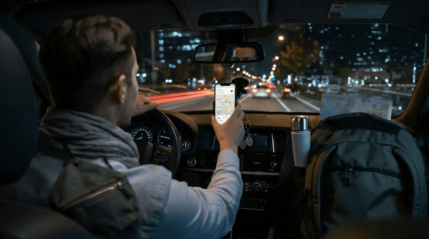 Driver viewing the Nearlooo mobile app while driving at night